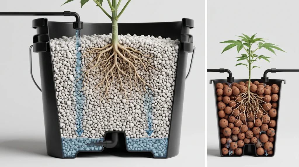 Dutch Bucket vs DWC: Which System Wins for Tomatoes, Peppers & Heavy Vining Crops? 8 Coarse horticultural perlite and clay pebbles comparison showing water retention and drainage inside a Dutch Bucket hydroponic root zone