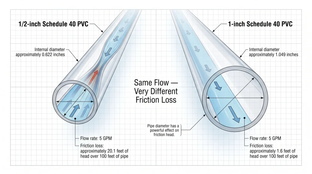 Hydroponic Pump Sizing: Calculating True GPH and Head Loss 4 Comparison of 1/2-inch and 1-inch PVC showing dramatically different friction head loss at 5 GPM