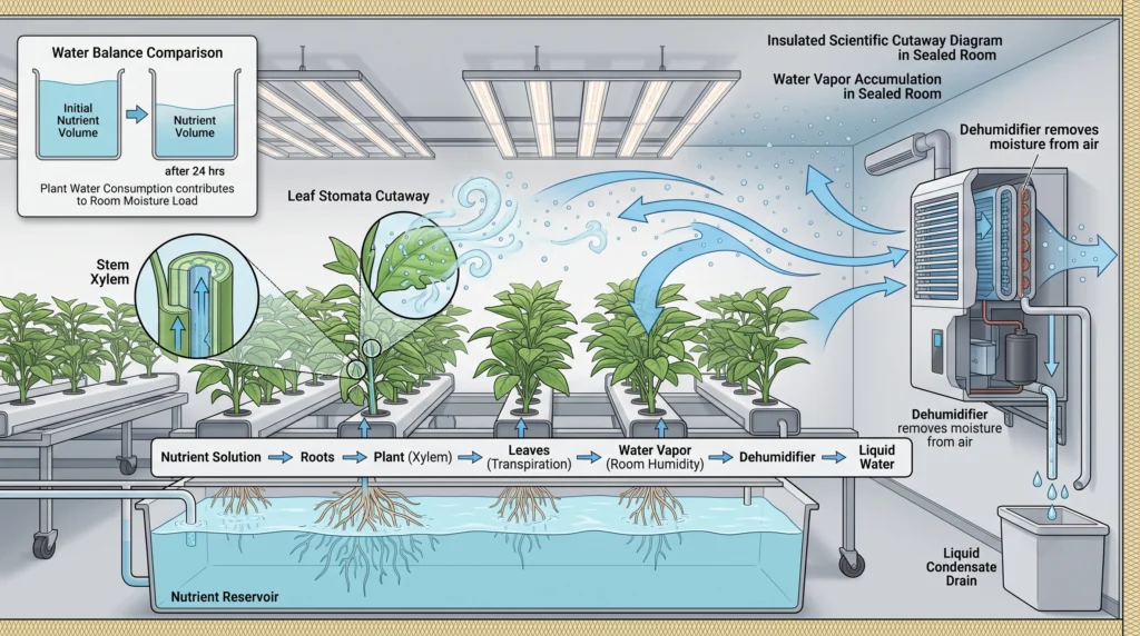 Dehumidifier Sizing Math for Sealed Grow Rooms and Grow Tents 1 Diagram showing hydroponic plants releasing water vapor into a sealed grow room