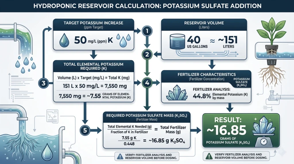 Hydroponic potassium sulfate dosing calculation showing potassium target, reservoir volume, elemental potassium percentage, and required fertilizer mass