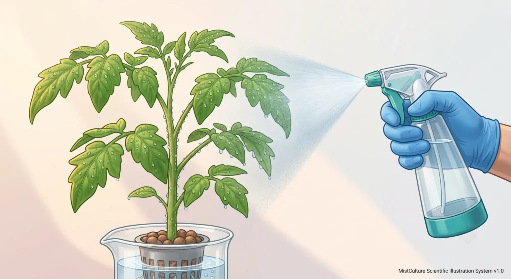 Scientific illustration of a hydroponic tomato clone receiving a preventive foliar spray before lights-off.