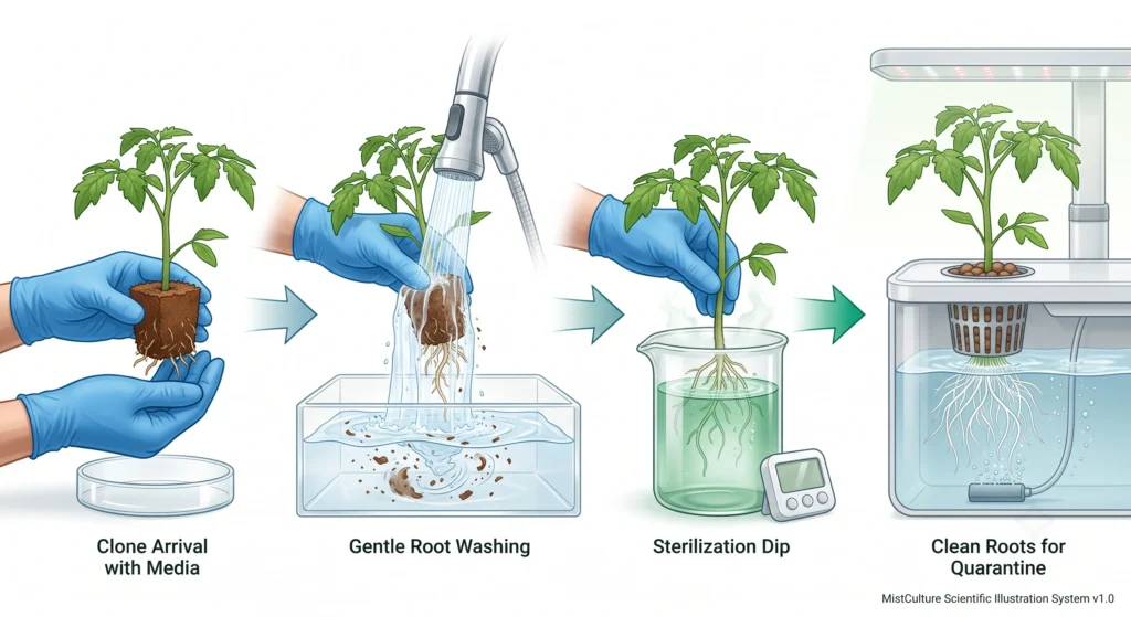 Illustration showing hydroponic tomato roots being rinsed and disinfected before quarantine.