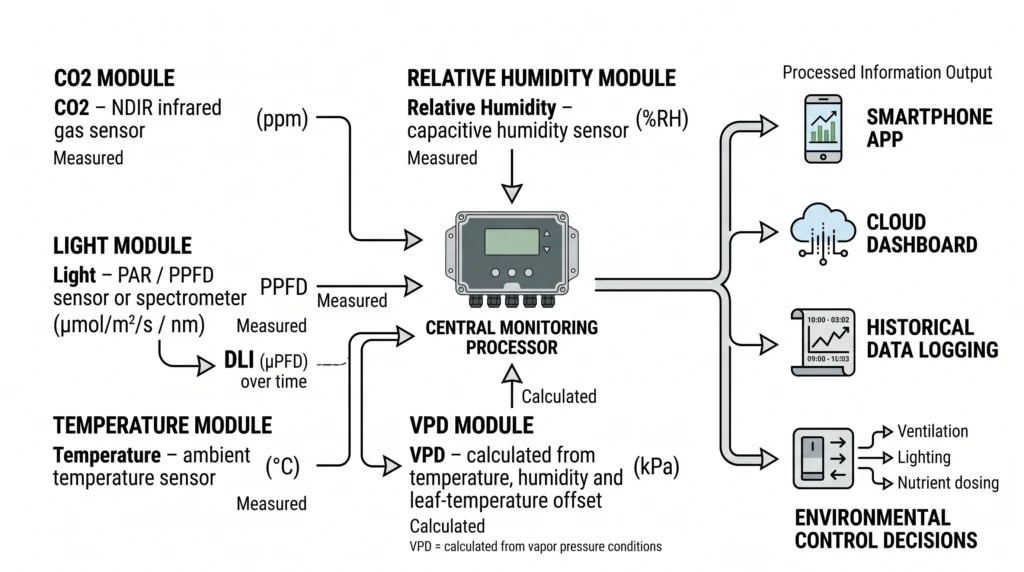 Pulse Pro Environmental Monitor Review: Precision VPD, Light, and CO2 Tracking 1 Diagram showing environmental monitor sensors for CO2, PPFD, temperature, humidity and VPD