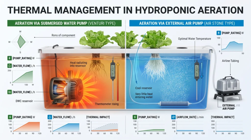 Comparison showing heat transfer from a submerged water pump versus an external air pump in a DWC reservoir.