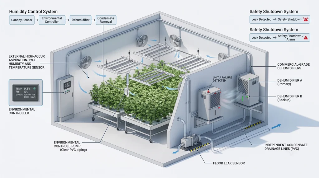 Dehumidifier Sizing Math for Sealed Grow Rooms and Grow Tents 12 Redundant grow room dehumidification system with two dehumidifiers, canopy humidity sensor, controller and safety shutdown