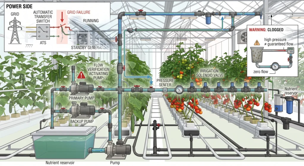 Hydroponic Greenhouse Cucumber and Tomato Production Systems 13 Redundant hydroponic irrigation system with parallel pumps standby generator flow meter and backup power