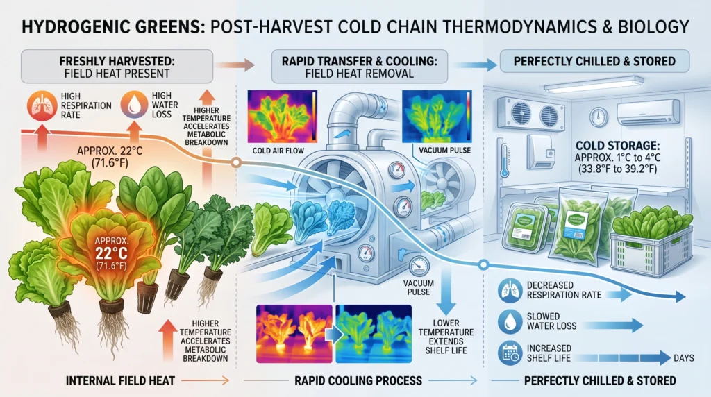 Cold-chain infographic showing hydroponic greens moving from harvest temperature to chilled storage