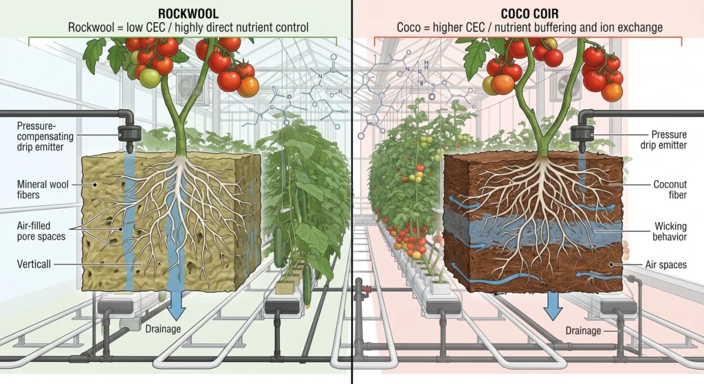 Hydroponic Greenhouse Cucumber and Tomato Production Systems 4 Rockwool and coco coir comparison for hydroponic greenhouse root zone management