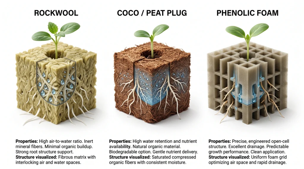Seed Starting for Hydroponics: Germination Media, Domes, and Seedling Care 3 Rockwool coco coir and phenolic foam plugs used for hydroponic seed starting
