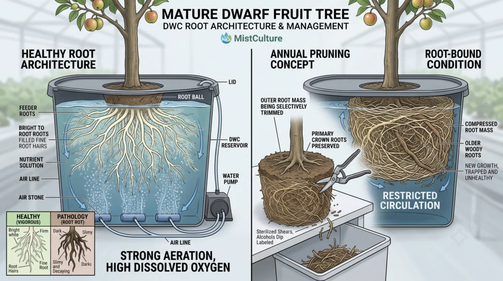 Hydroponic Dwarf Fruit Trees: Engineering DWC Systems for Citrus and Figs 9 Healthy white hydroponic fruit tree roots compared with circling roots requiring annual pruning
