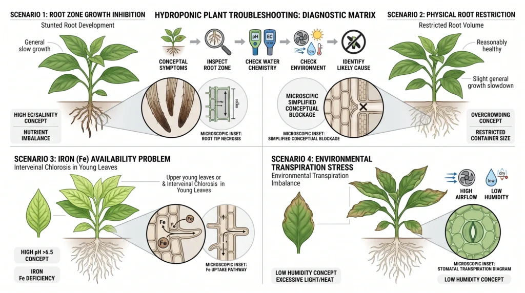 Scientific plant diagnostic infographic comparing root stress, nutrient deficiency, environmental stress and possible material-related root zone problems