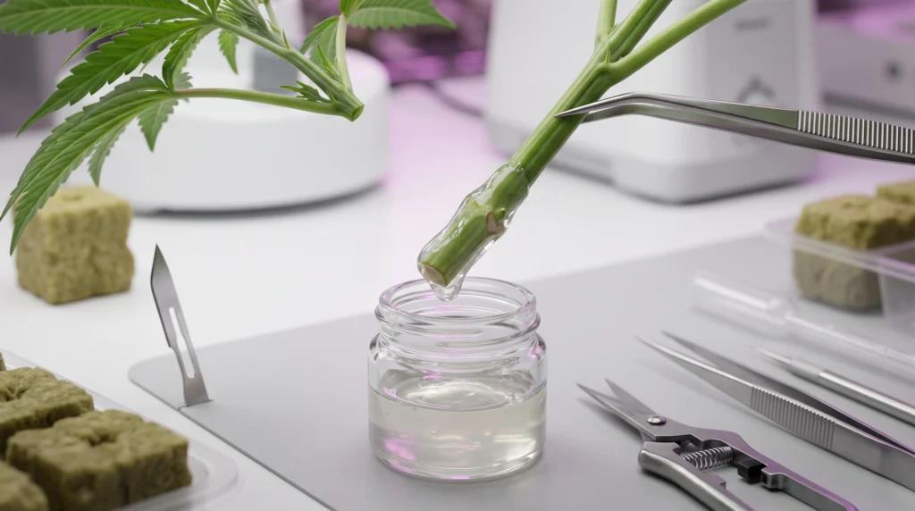 Cloning in Hydroponics: The Engineer's Guide to Vegetative Propagation 5 Rooting hormone gel being applied to the prepared stem of a hydroponic plant cutting