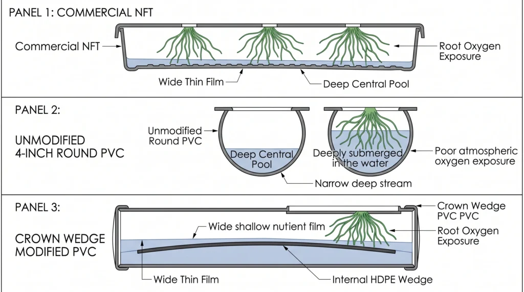 Turn PVC Pipe Into a Real NFT Channel: The Crown Wedge Method 1 Cross-section comparison of round PVC, commercial NFT channel, and crown wedge modified PVC