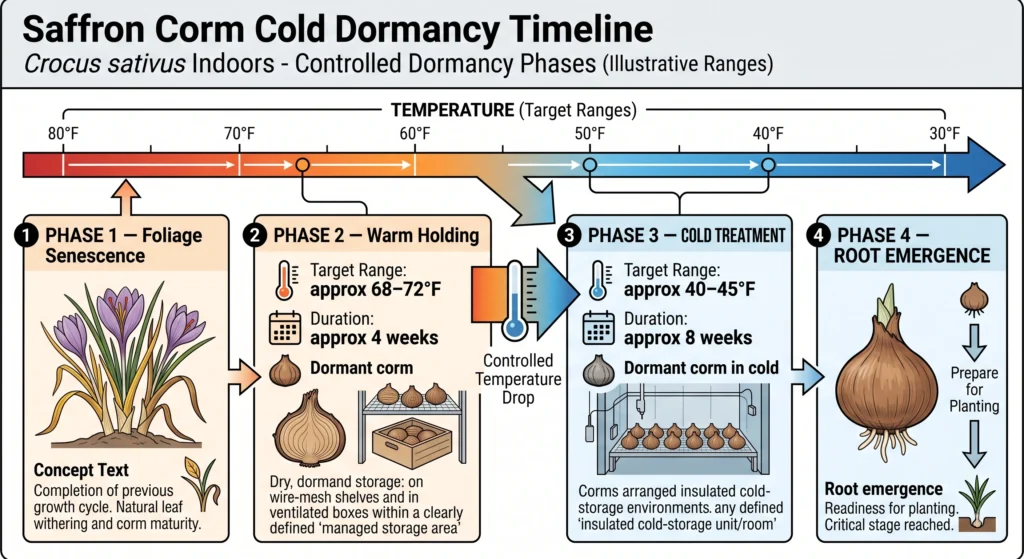 Advanced Hydroponic Saffron Cultivation: Systems, Corms, and Nutrients 5 Saffron corm cold dormancy timeline showing warm curing followed by 40 to 45 F cold storage and root emergence