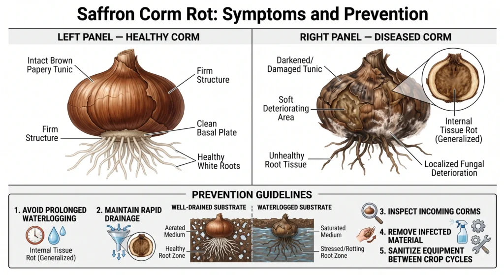 Advanced Hydroponic Saffron Cultivation: Systems, Corms, and Nutrients 12 Healthy and diseased saffron corms showing visual symptoms of corm rot and fungal infection