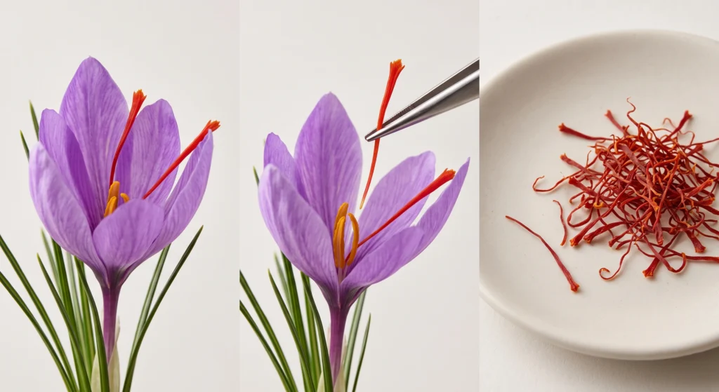 Advanced Hydroponic Saffron Cultivation: Systems, Corms, and Nutrients 14 Crocus sativus saffron flower showing three red stigmas harvested and dried into saffron threads