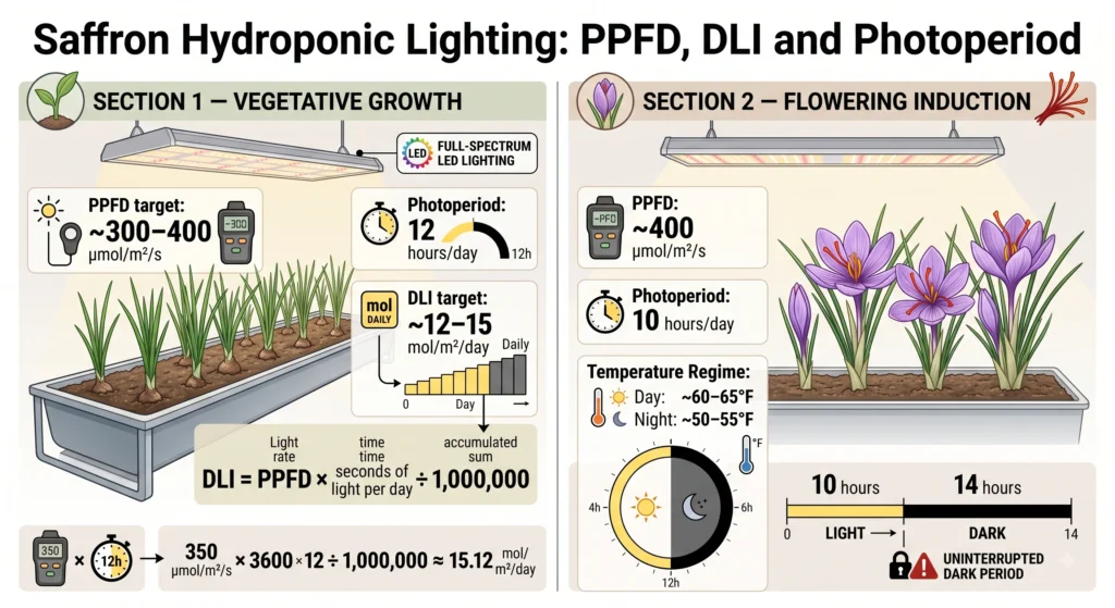 Advanced Hydroponic Saffron Cultivation: Systems, Corms, and Nutrients 10 Saffron hydroponic lighting diagram showing PPFD, DLI, photoperiod, and LED canopy distribution