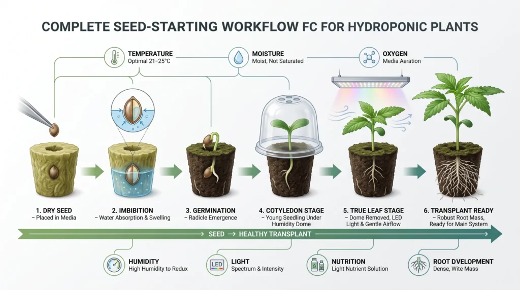 Seed Starting for Hydroponics: Germination Media, Domes, and Seedling Care 12 Seed to transplant hydroponic propagation workflow from germination through healthy seedling establishment