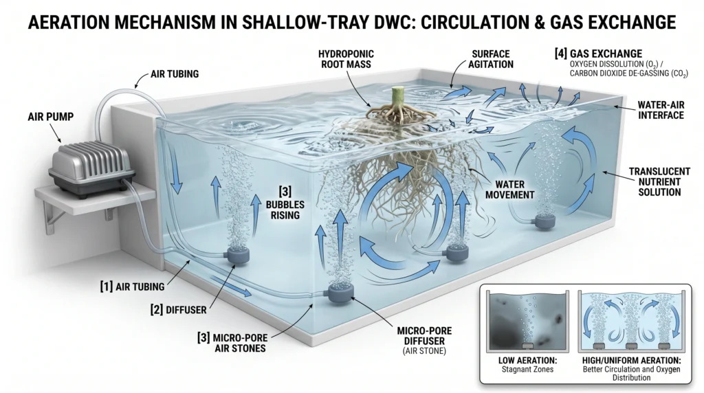 Shallow tray DWC aeration showing air stones, oxygen bubbles, surface agitation, and root-zone gas exchange