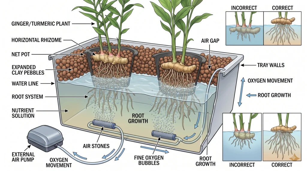 Shallow tray DWC system diagram showing elevated rhizomes, nutrient solution, roots, air stones, and water level