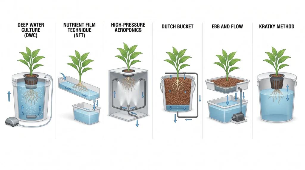 Comparison infographic showing DWC, NFT, high-pressure aeroponics, Dutch bucket, ebb and flow and Kratky hydroponic systems.