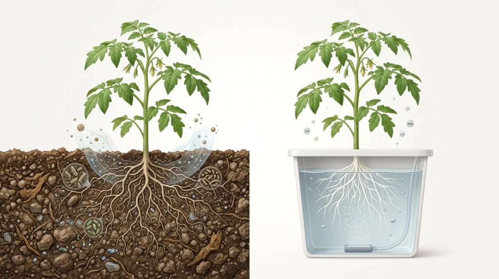 Scientific comparison showing plant roots obtaining nutrients through soil versus direct nutrient solution in hydroponics