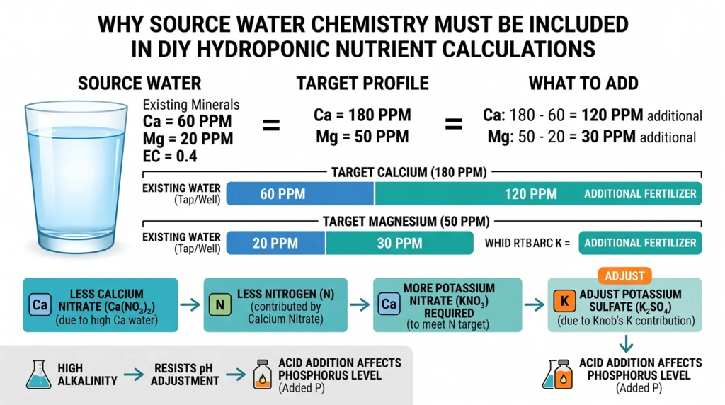 Scientific infographic showing how existing calcium and magnesium in source water change hydroponic nutrient calculations