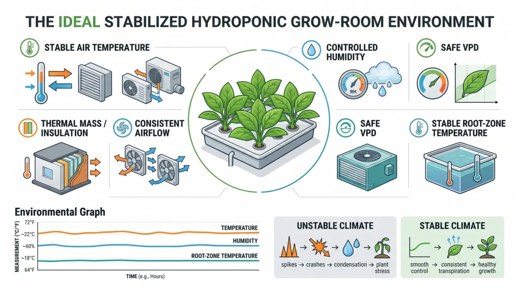 Infographic showing stable temperature, humidity, VPD, root-zone temperature, airflow, and thermal control