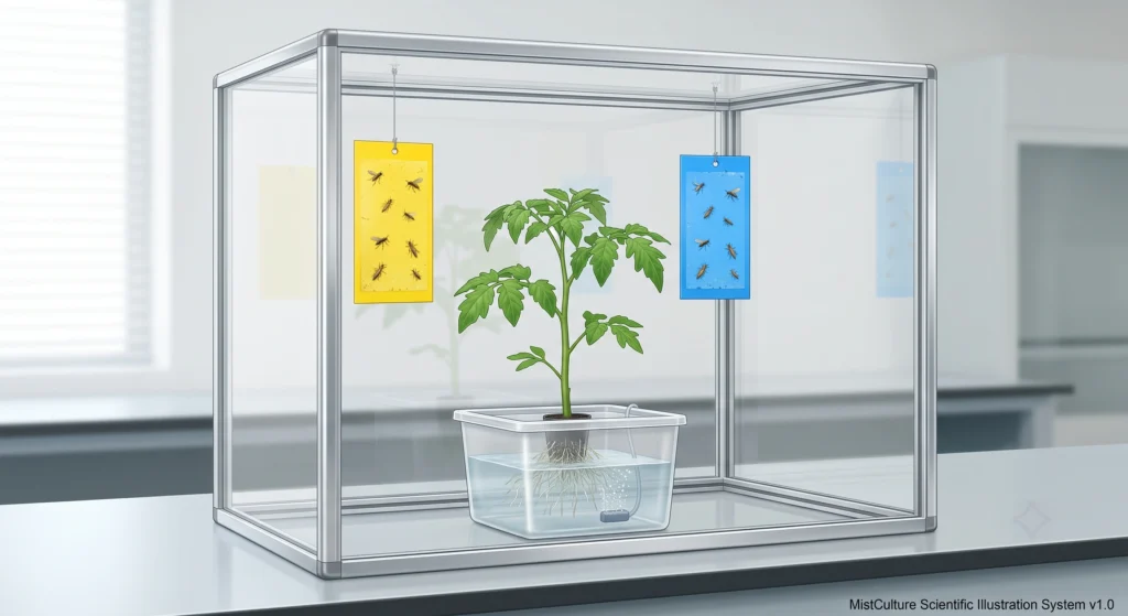 Yellow and blue sticky traps positioned above a hydroponic tomato clone to monitor flying pests.