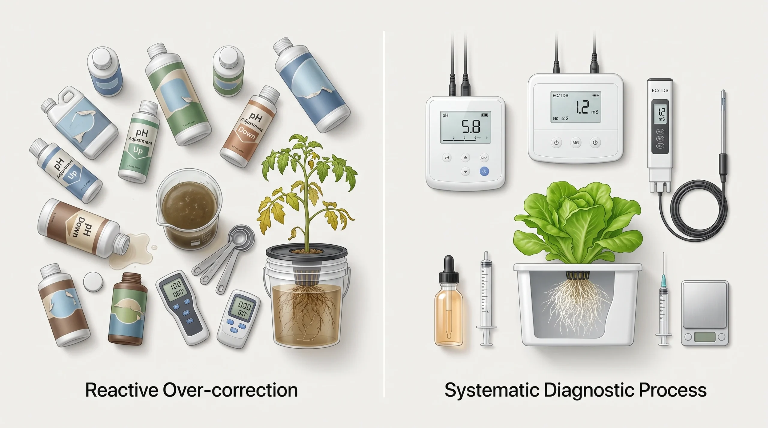 10 Biggest Hydroponic Mistakes Beginners Make (And How to Avoid Them) 11 Scientific comparison showing random hydroponic chemical corrections versus systematic measurement and diagnosis