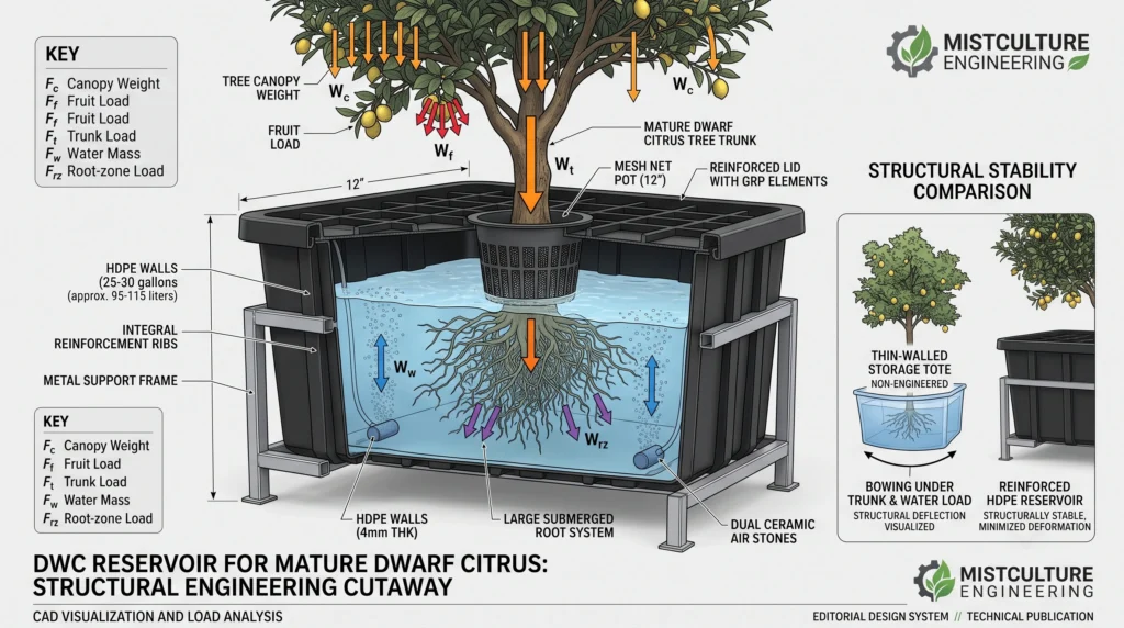 Hydroponic Dwarf Fruit Trees: Engineering DWC Systems for Citrus and Figs 2 Reinforced HDPE DWC reservoir supporting a heavy dwarf fruit tree and large root zone