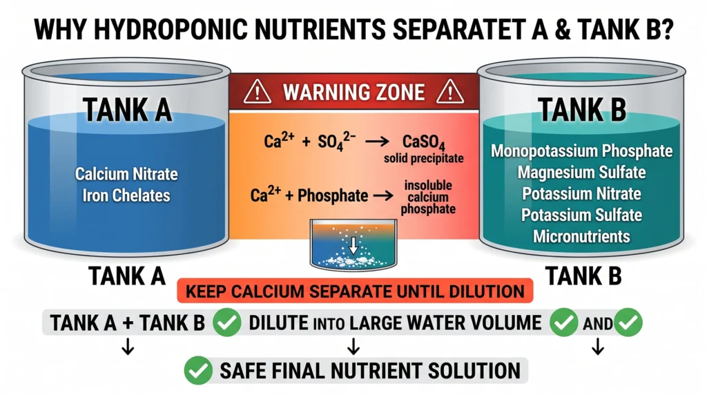 Scientific diagram showing how hydroponic fertilizer salts are separated into A and B stock tanks to prevent precipitation