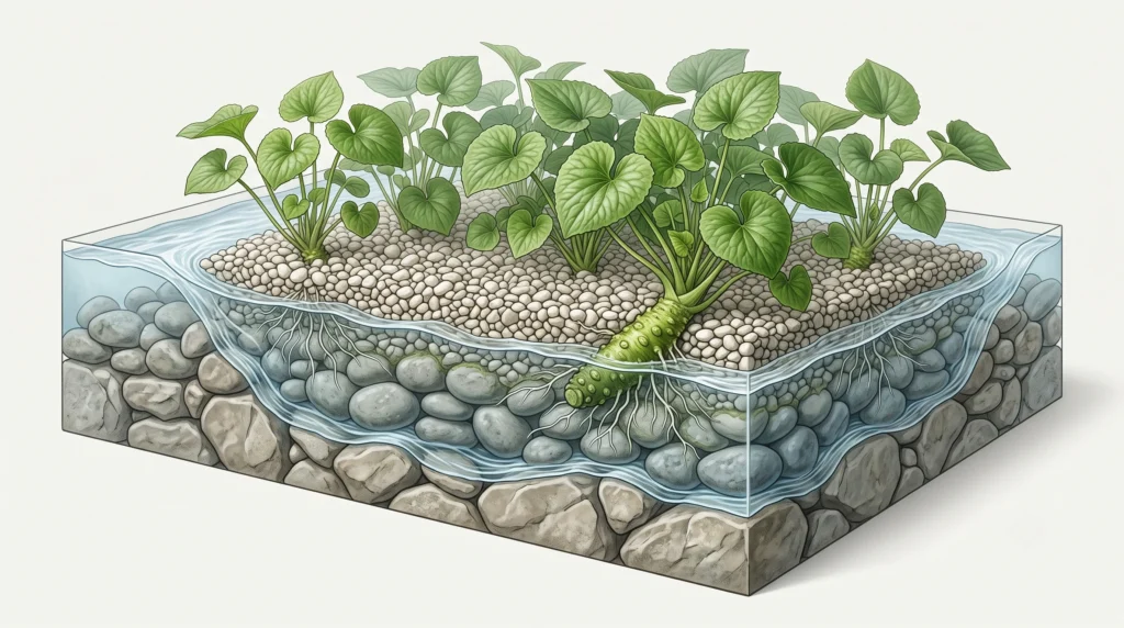 Hydroponic Wasabi Cultivation: Engineering Cold-Water Systems 9 Layered gravel and river rock media bed inspired by Japanese wasabi stream cultivation