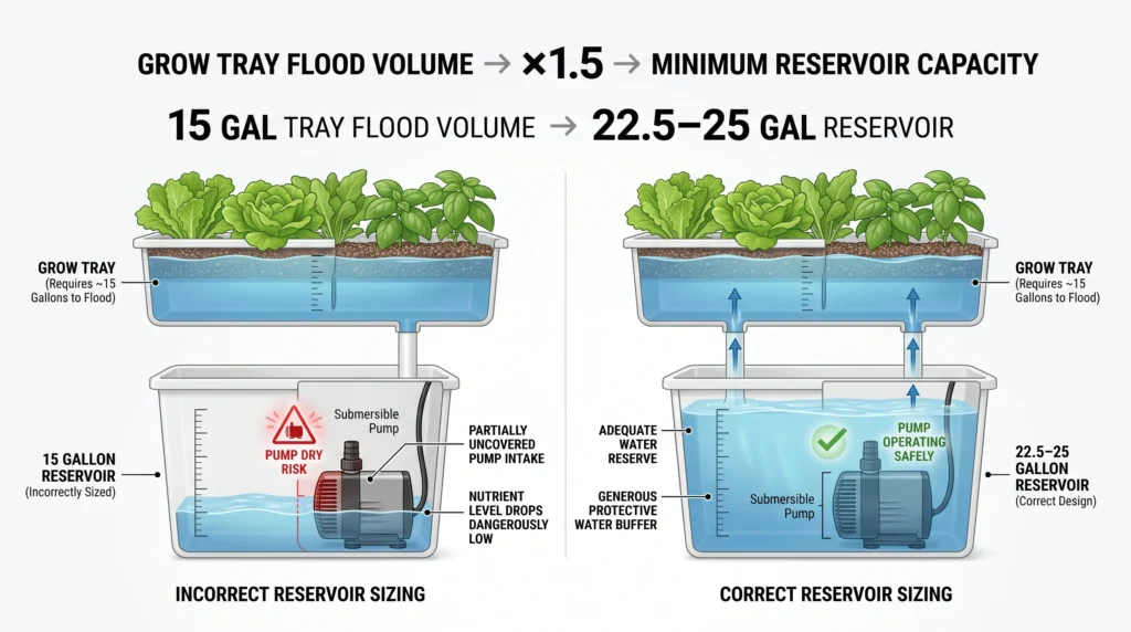 Infographic comparing an undersized hydroponic reservoir with a correctly sized reservoir that maintains safe water around the submersible pump during flooding.
