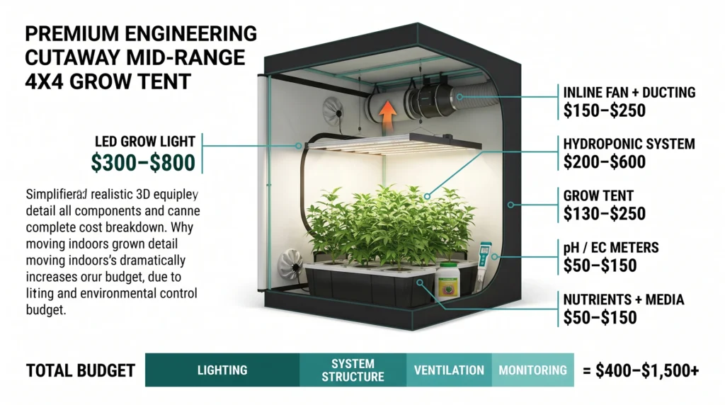 How Much Does a Hydroponic System Cost? Budget Breakdowns for Every Setup 5 Hydroponic grow tent budget infographic showing the cost of lighting, ventilation, hydroponic equipment and environmental control