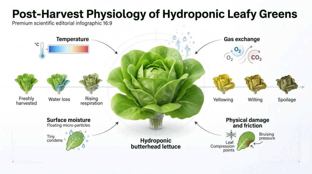 Scientific infographic showing respiration, moisture loss, temperature and packaging factors affecting hydroponic produce shelf life