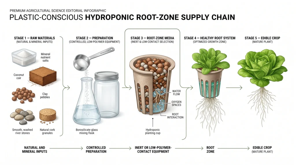 Infographic showing plastic-free hydroponic inputs including coconut coir, clay media, mineral salts, glass mixing containers and natural substrate materials