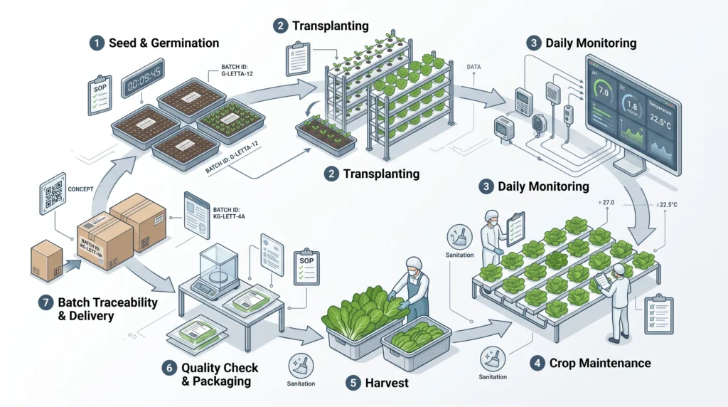 Workflow infographic showing hydroponic farm SOPs from seeding and monitoring to harvesting, quality checks, packaging, and batch traceability