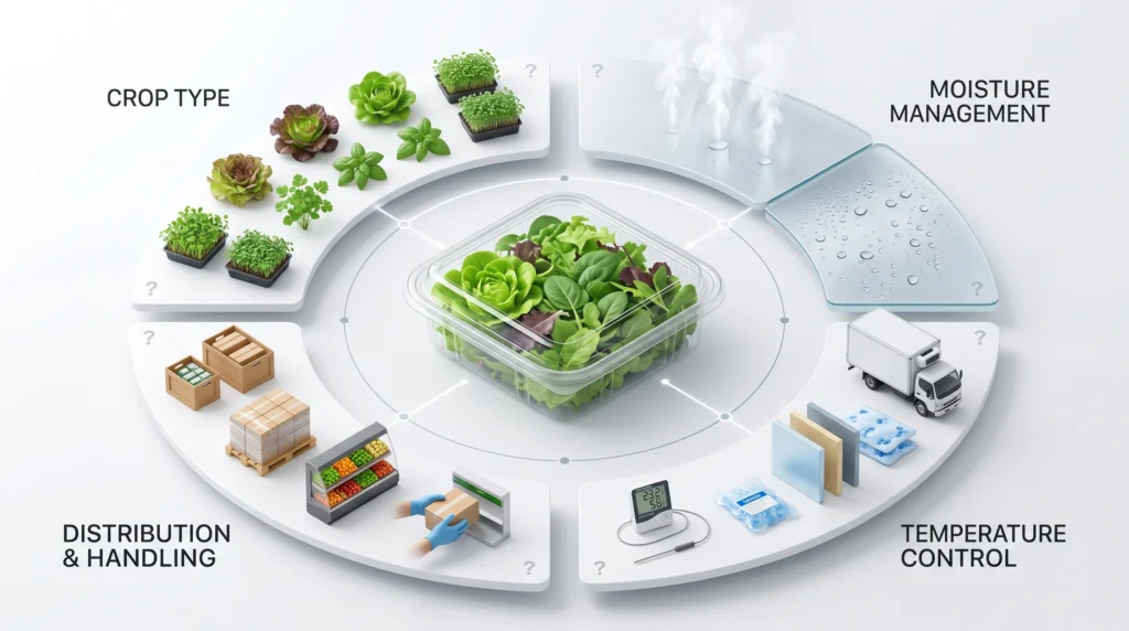 Clean infographic summarizing key packaging decisions for crop type, moisture, temperature and distribution
