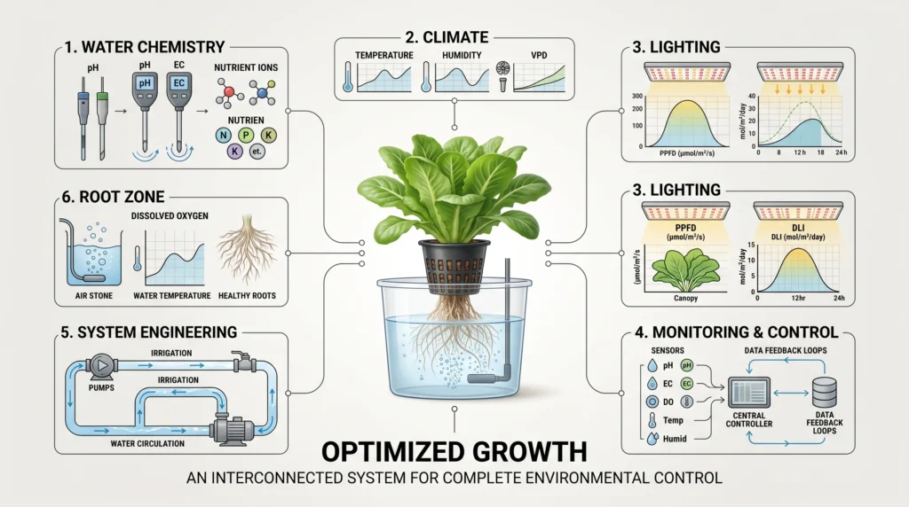 Integrated hydroponic knowledge diagram connecting water chemistry, root health, climate control, lighting, equipment and plant growth.