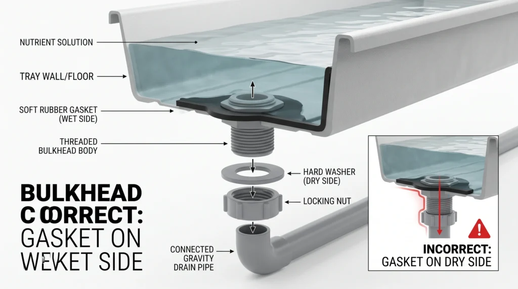 Exploded cross-section infographic showing a rubber gasket installed on the wet side of an ebb and flow tray bulkhead with washer and locking nut below.