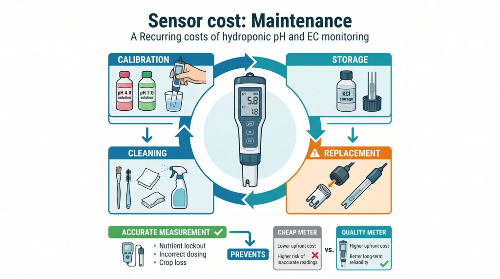 How Much Does a Hydroponic System Cost? Budget Breakdowns for Every Setup 9 Hydroponic pH and EC meter maintenance infographic showing meter calibration fluids, storage solution and recurring replacement costs