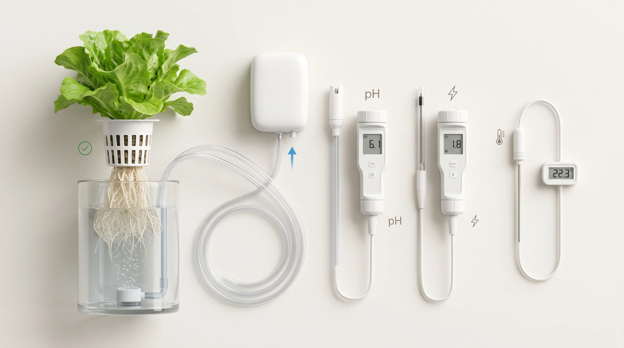 10 Biggest Hydroponic Mistakes Beginners Make (And How to Avoid Them) 9 Clean scientific overview showing daily checks for water level, pH, EC, pumps, roots and plant health