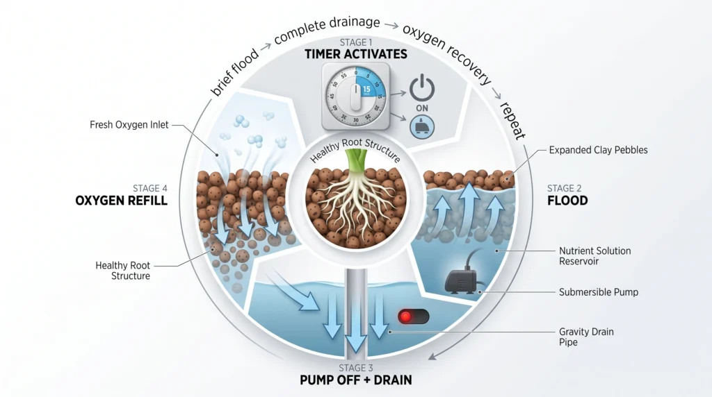 Circular infographic showing timer-controlled flooding, root zone saturation, rapid drainage and oxygen returning to clay pebble growing media.