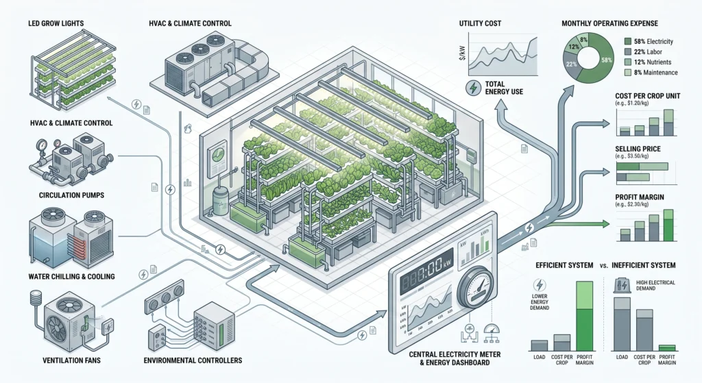 Technical infographic showing how LED lighting, climate control, pumps, and utility rates combine to determine hydroponic farm operating costs