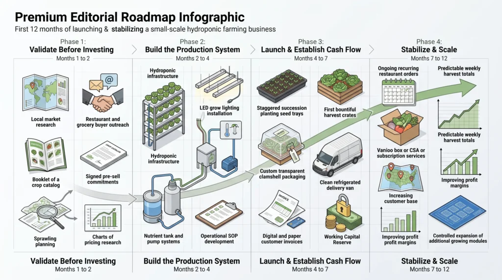 12-month roadmap infographic showing market validation, farm setup, planting, first harvest, customer growth, cash flow, and profitable expansion