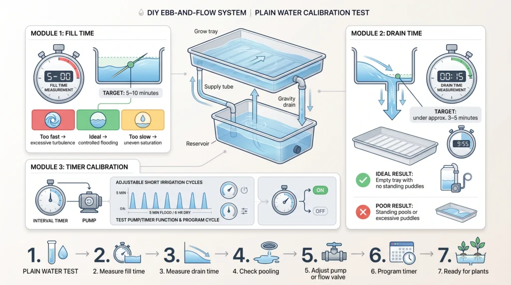 Hydroponic calibration infographic showing the ideal five to ten minute tray fill time, under three to five minute drain time, water level checks and timer adjustment.