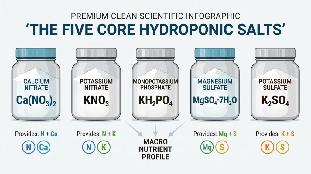 Infographic showing five essential dry fertilizer salts and the nutrients each contributes to a hydroponic formulation