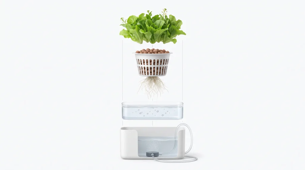 Exploded scientific view of nutrient solution, growing medium, oxygenation, reservoir and water delivery components