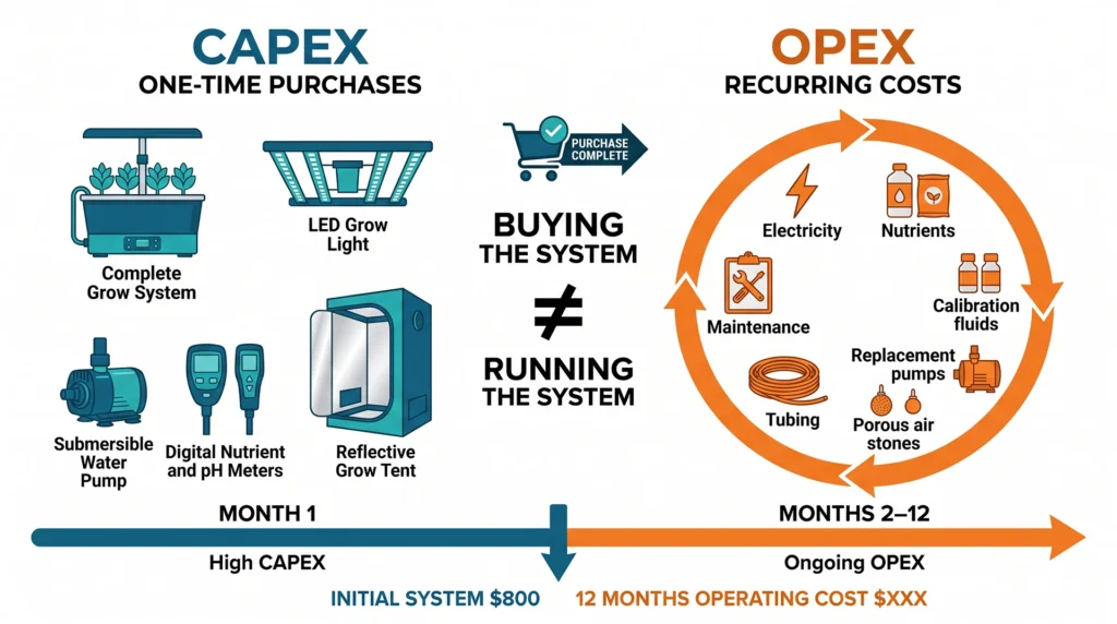 How Much Does a Hydroponic System Cost? Budget Breakdowns for Every Setup 7 Hydroponic operating expense infographic showing electricity, nutrients, meter calibration and replacement parts as recurring costs